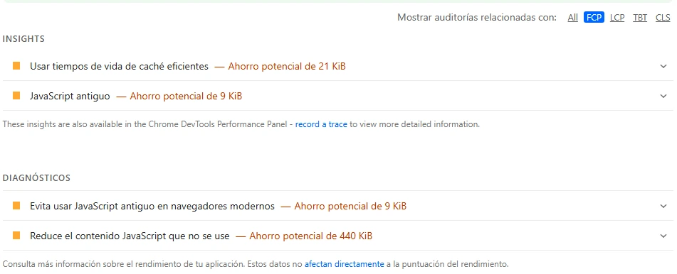 que es fcp PageSpeed Insights